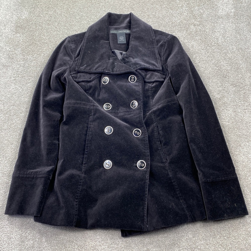 Calvin Klein Jeans Womens Black Velvet Pea Coat Double Breasted Jacket Small